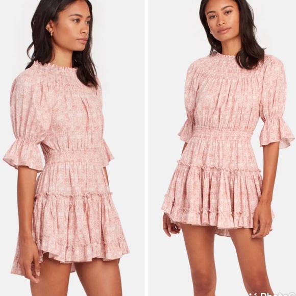 NWOT NEW MISA Off-Shoulder Mini Boho Cinched Cottagecore Sundress Sleeves S - Picture 10 of 13